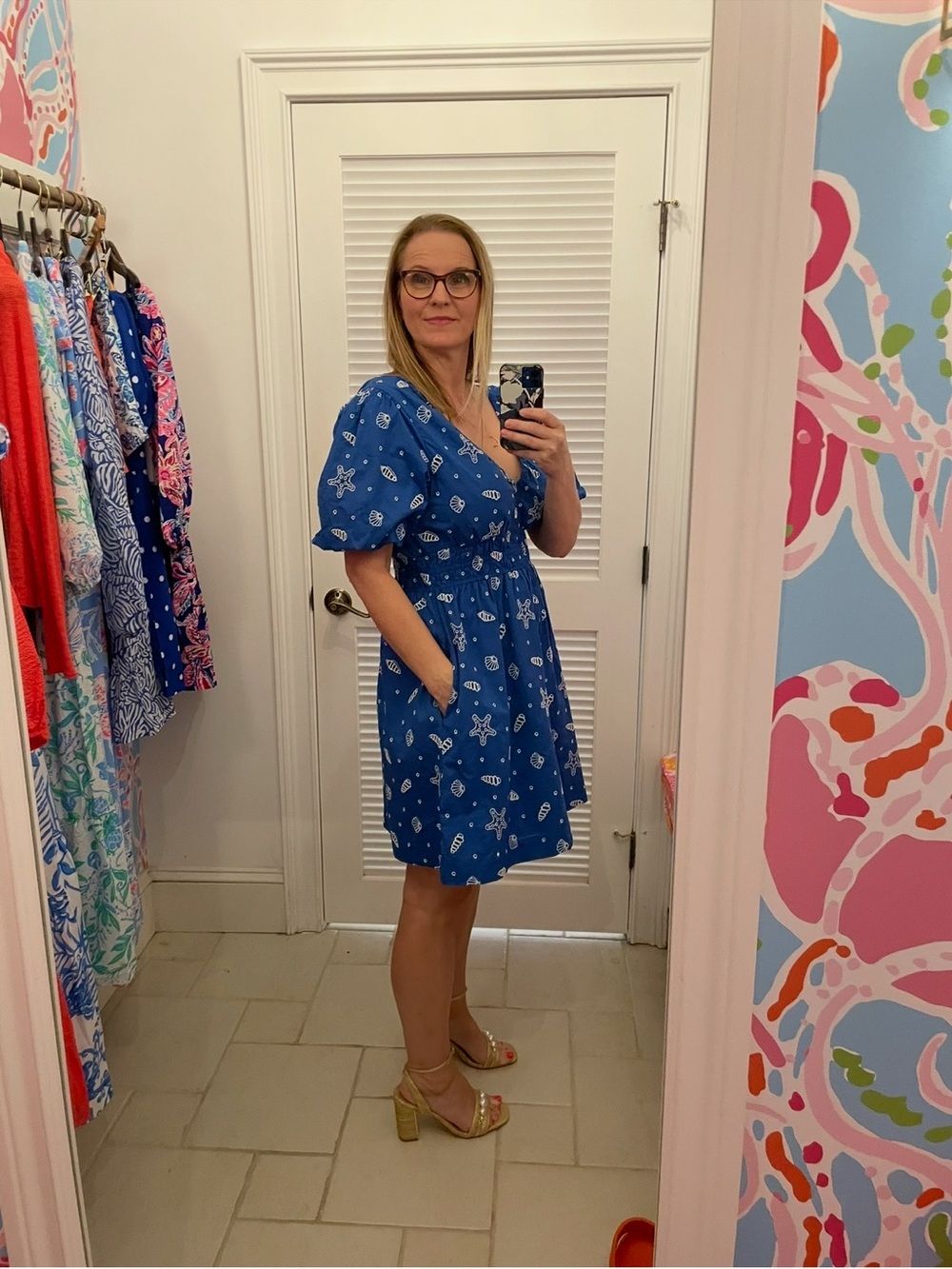 Lilly Pulitzer Kilynn Royal Blue Seashell Puff-Sleeve Cotton Mini Dress - Picture 7 of 8